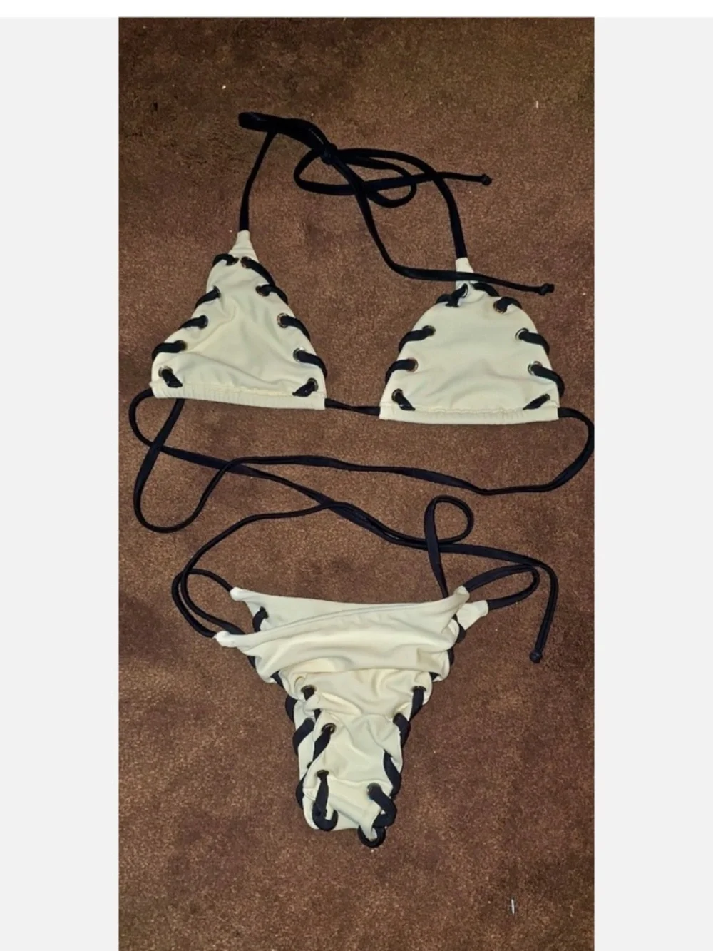 Cream Ribbed Triangle Bikini Set Black Whipstitch Trim Size [S]